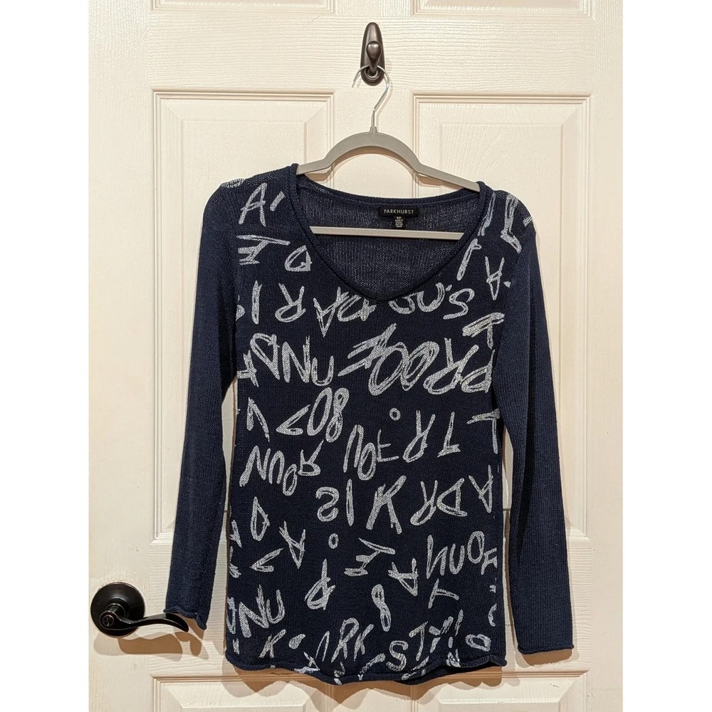 Parkhurst V-Neck Sweater Size S Navy White Script Print Long Sleeve Knit Top